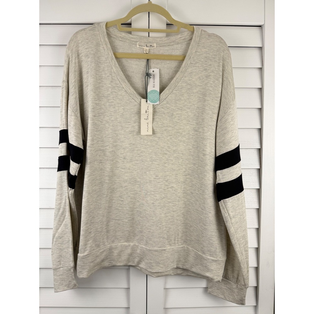 Nine Britton Harley Varsity Stripe Knit Top XL Light Grey NEW